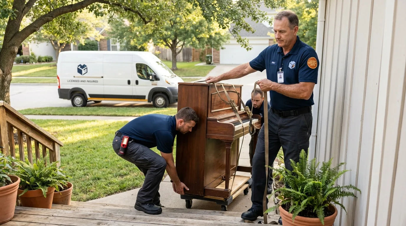 Licensed piano movers securing grand piano in Hudson, NY
